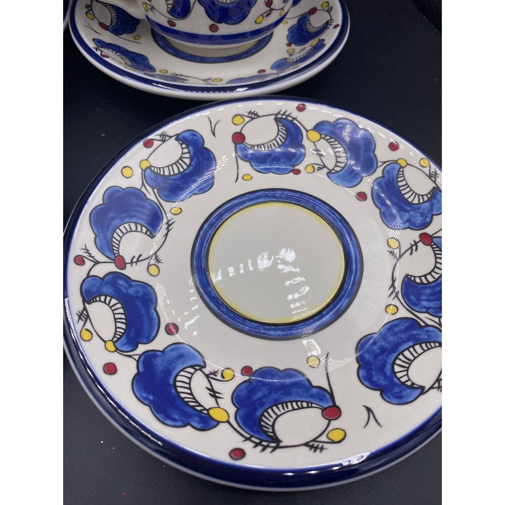 Set of 6 Vtg Buffalo China Large Cup & Saucer Restaurant Ware Blue Plumes Dots - Picture 5 of 6